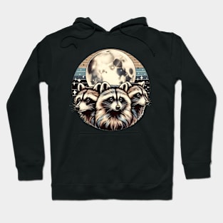 Retro Raccoon Trio: Vintage Graphic with Celestial Moon - Nostalgic, Dreamy, Mystical Illustration for Raccoon Lovers Hoodie